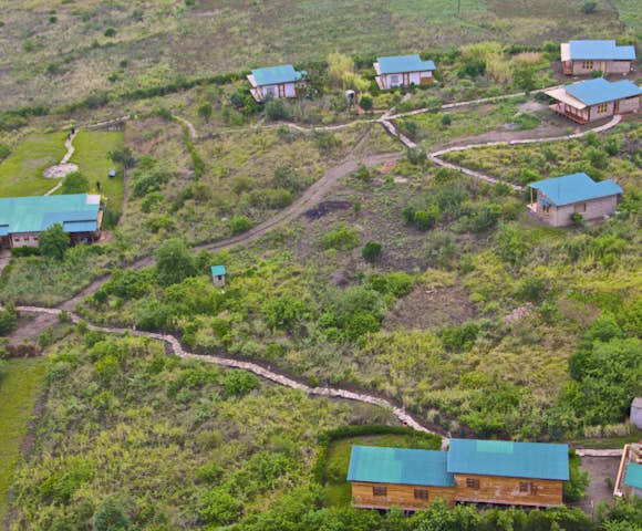 Aerial view of the spacious cabins at Marafiki Safari Lodge.